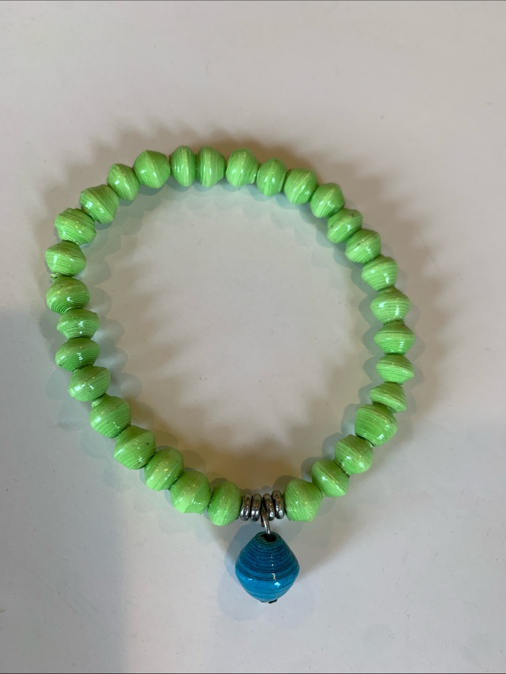 Recycled Paper Bead Stretch Bracelet Lime Green Blue Charm Boho Eco Friendly
